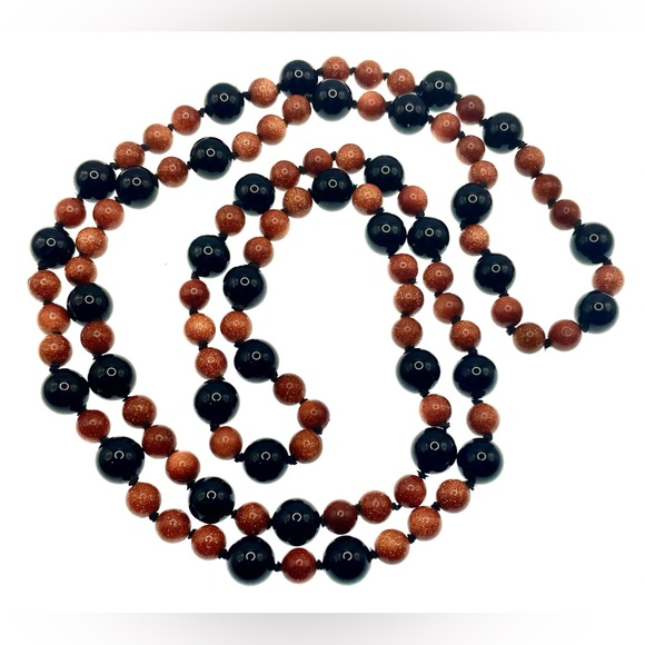 Beautiful Long Strand Fine Genuine Knotted Goldstone Black Onyx Beaded Necklace - Picture 4 of 7